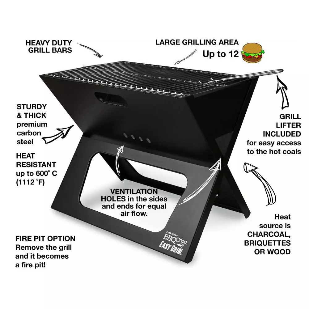 BBQ Croc Grills Portable Easy Grill 220-Sq-in Foldable Charcoal Barbecue Black 3 BBQ Croc Grills Portable Easy Grill 220-Sq-in Foldable Charcoal Barbecue Black - Image 3
